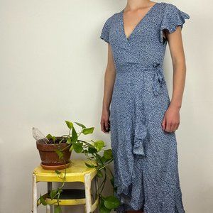 Blue Floral Midi Wrap Dress - Women’s S - Cottage Core